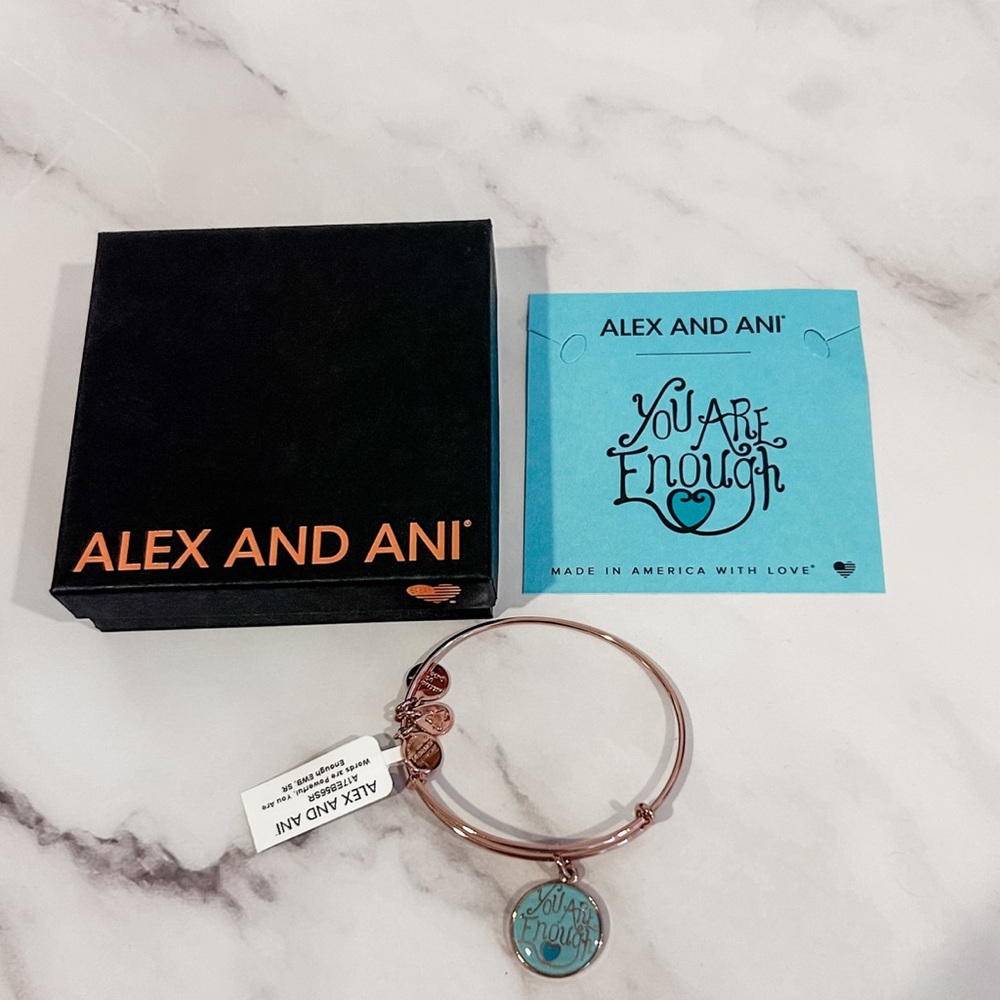Alex and Ani “You are enough” Rose Gold Bracelet with Teal Charm